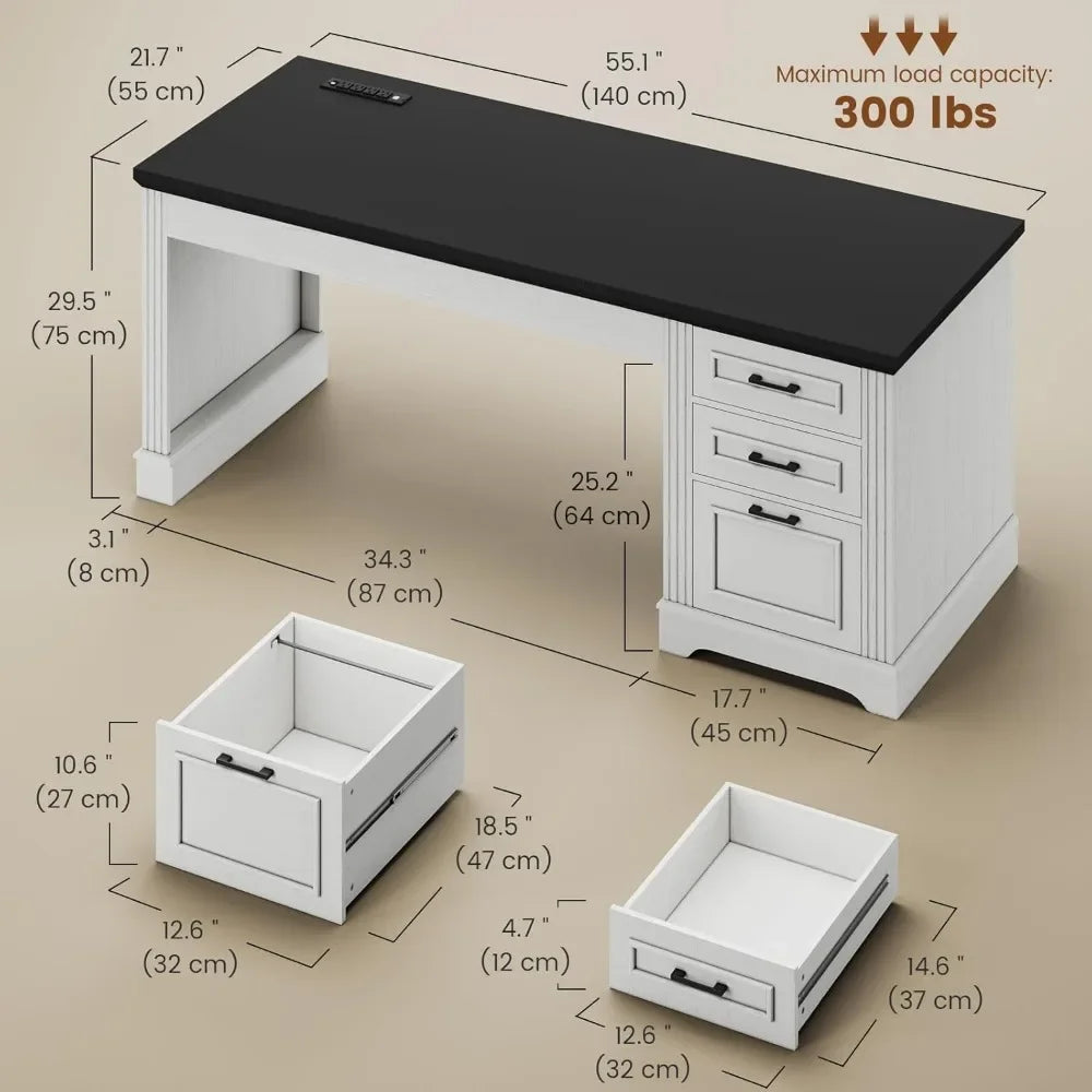 55" Executive Desk, Computer Desk with Storage Drawers and Power Outlet, Home Office Desk, Workstation for Offic Desk