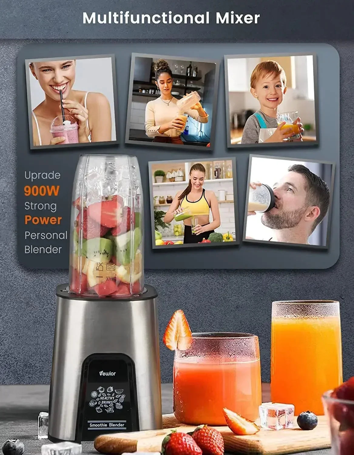 VEWIOR Smoothie Blender, 900W Personal Blender for Shakes and Smoothies, Blenders for Kitchen