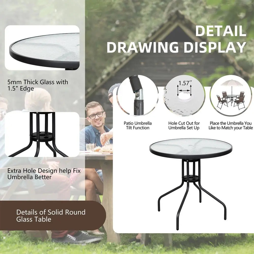 6 Pieces Folding Patio Dining Set, All Weather Small Metal Outdoor Table and Chair Set, Garden Patio Furniture Set w Umbrella,