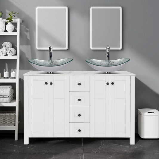 48" White Bathroom Vanity with Marble Texture Top and 4 Drawers, Modern Standing Pedestal Cabinet with Two Boat Silver Glass Ves