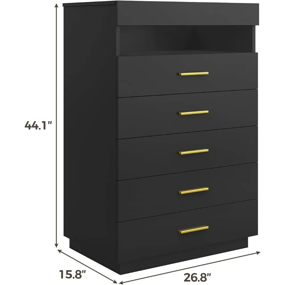 Black Dresser With LED Lights, Floating Tall Dresser With 5 Large Drawers & Open Storage Space & Pull Out Tray, Wood Chest Of Dr