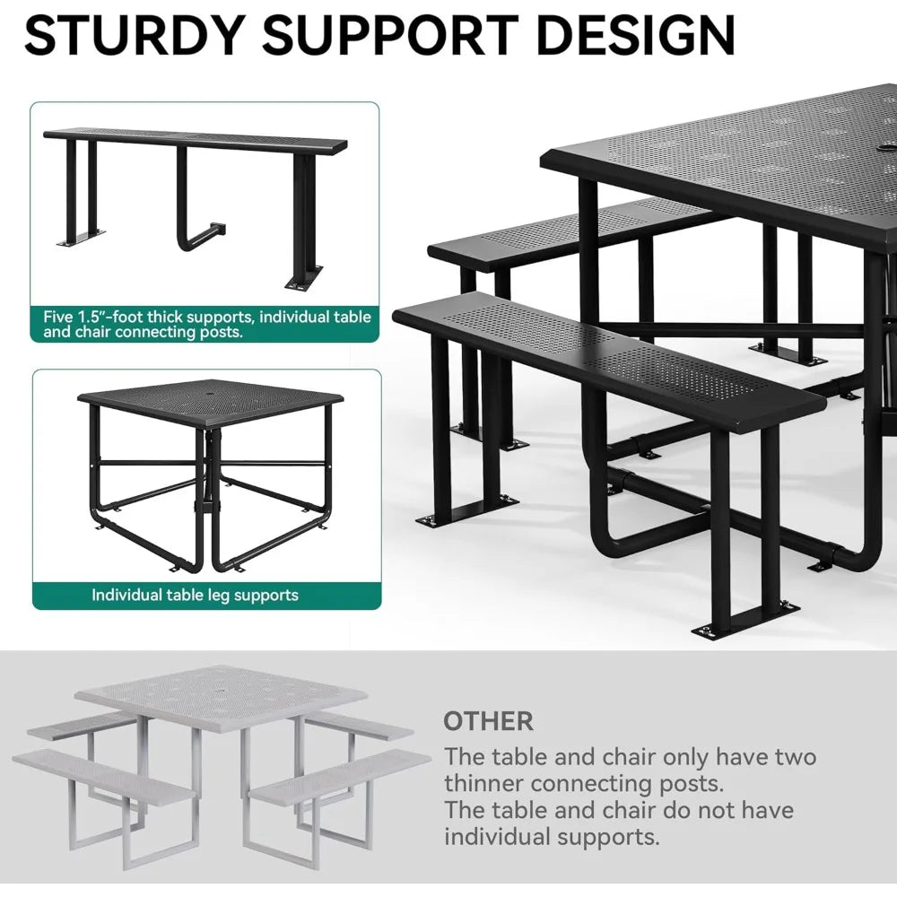 Heavy Duty Steel Picnic Table for 8, Coated Outdoor Picnic Table w/Sturdy Steel Frame & Umbrella Hole for Yard Patio Lawn Party