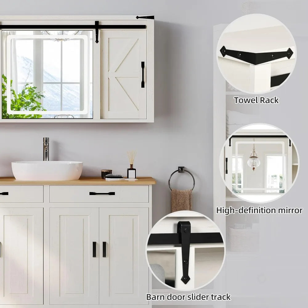 Medicine Cabinet Mirror, Bathroom Wall Cabinet W/lights And Sliding Barn Door, Lighted Medicine Cabinet Storage Cabinets