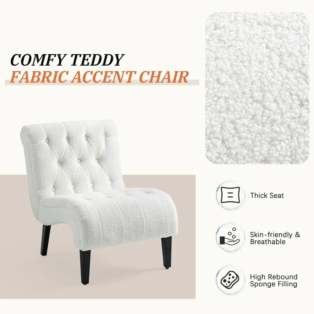 Armless Teddy Accent Chair Set of 2, Upholstered Lounge Chair with Wood Legs, Comfy Reading Chairs for Living Room & Bedroom