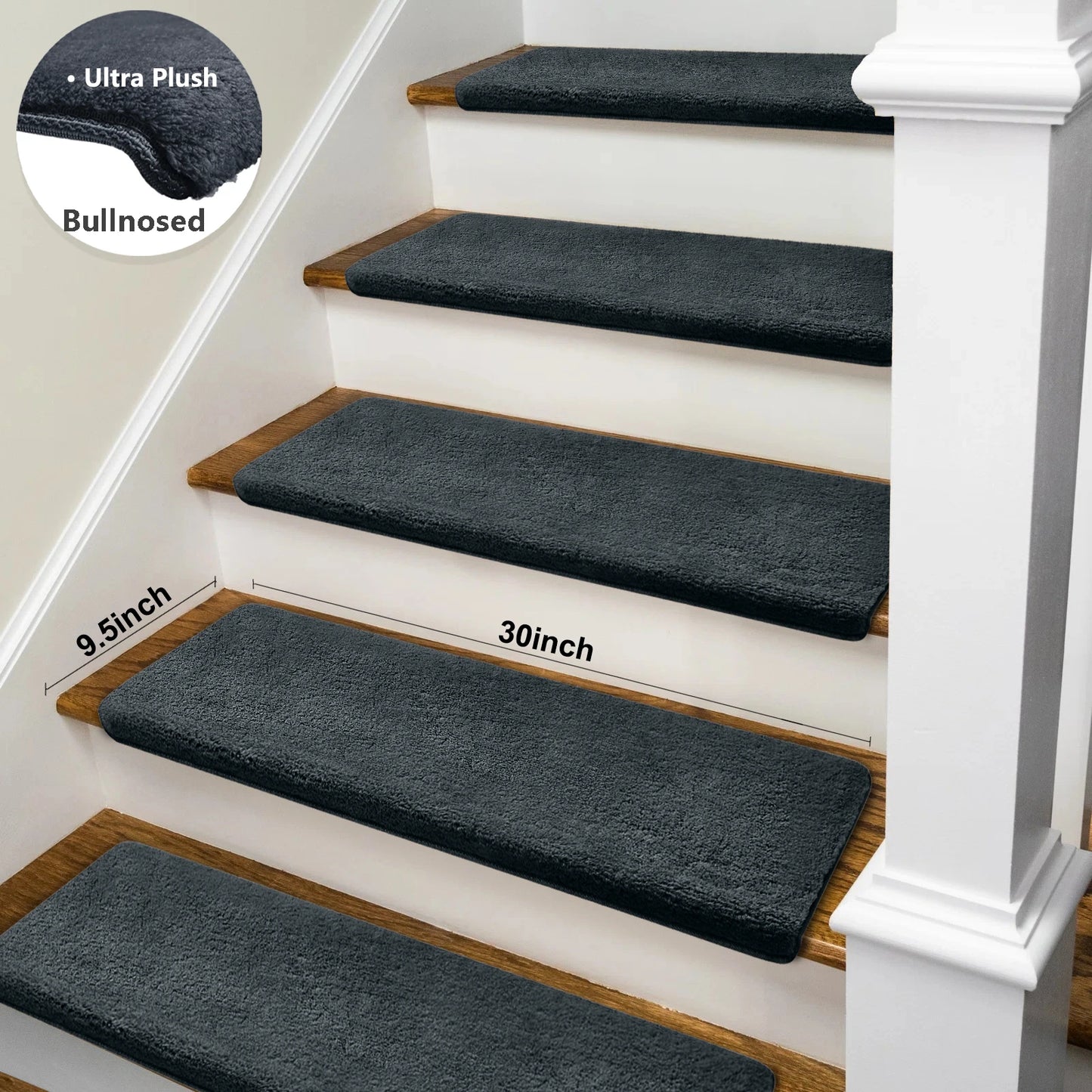 Bullnose Non-Slip Stair Treads -Ultra Plush- Washable Self-Adhesive Carpet Mats, Safety for Elderly & Pets, Peel & Stick Decor