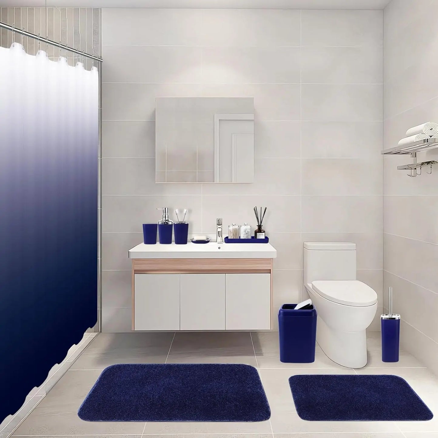 24-Piece Navy Blue Bathroom Set with Ombre Shower Curtain and Absorbent Rugs, Includes Trash Can and Accessories