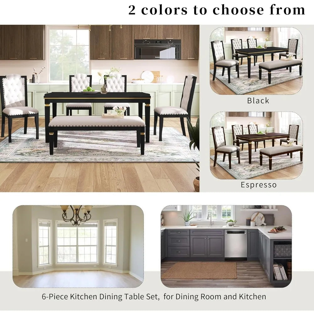 harper & bright designs 6-piece kitchen dining table chairs set, 60" rectangular table and 4 high-back tufted chairs & 1 bench f