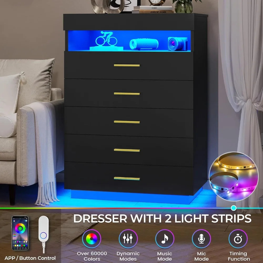 Black Dresser With LED Lights, Floating Tall Dresser With 5 Large Drawers & Open Storage Space & Pull Out Tray, Wood Chest Of Dr