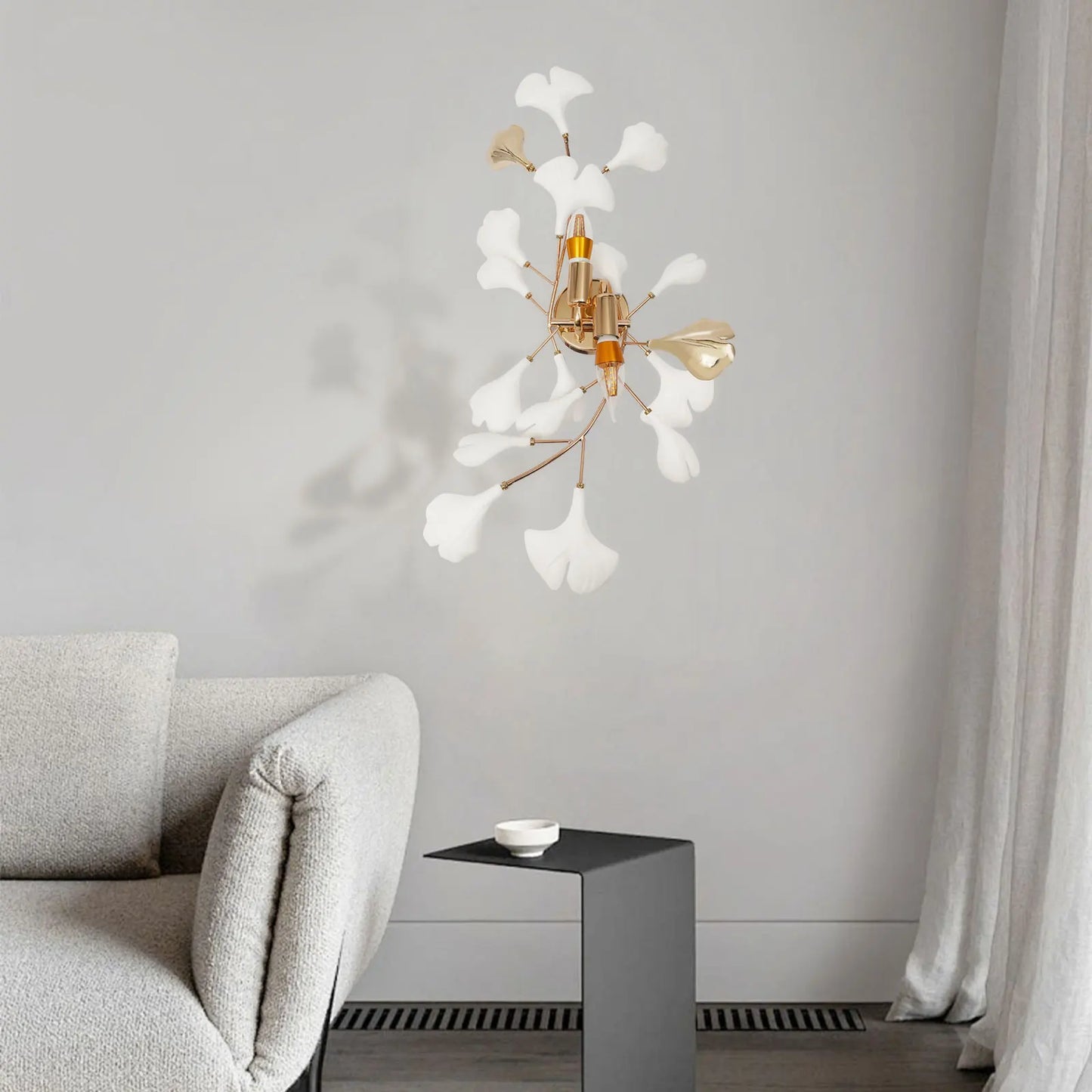 Ginkgo Leaf Wall Lamp 2-Light, Modern Gold Indoor Lighting Fixture E12 Base for Bedroom Living Room Hallway