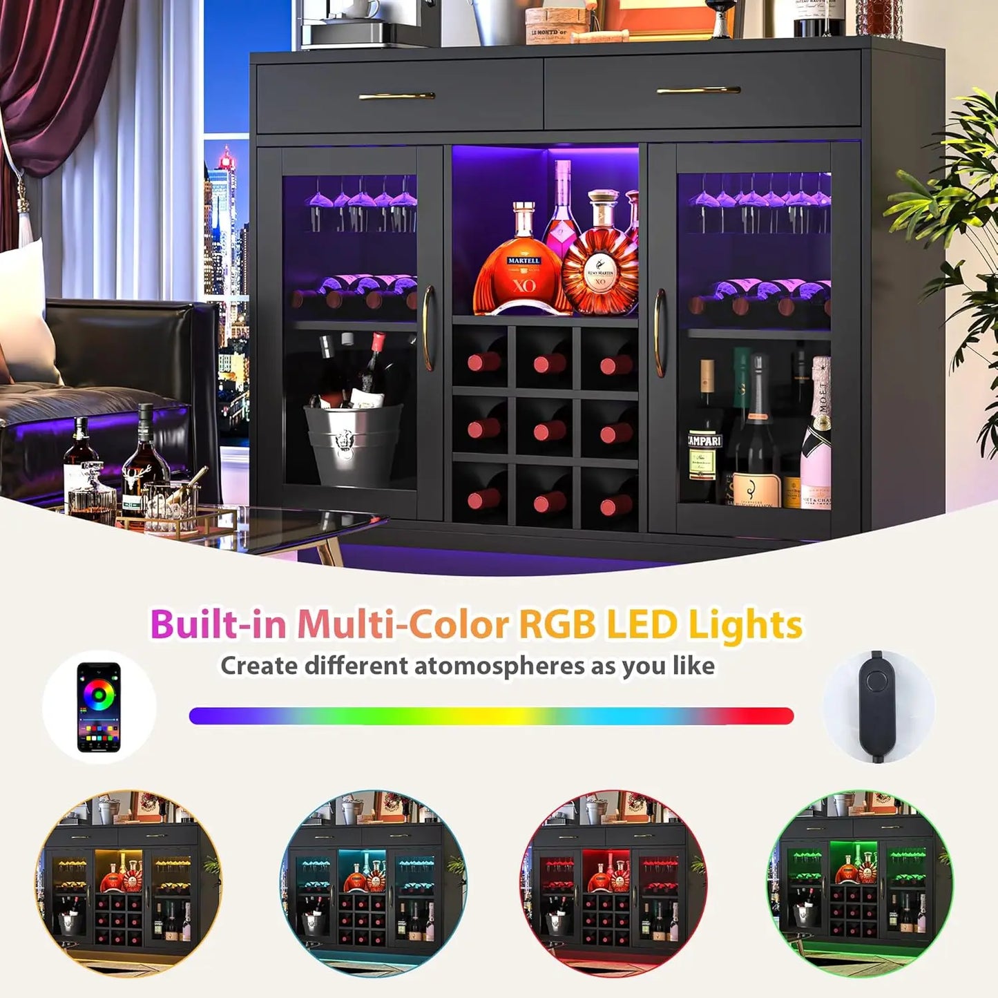 LED Wine Bar Cabinet with Glass Rack, Black Kitchen Buffet Sideboard for Living Room Storage