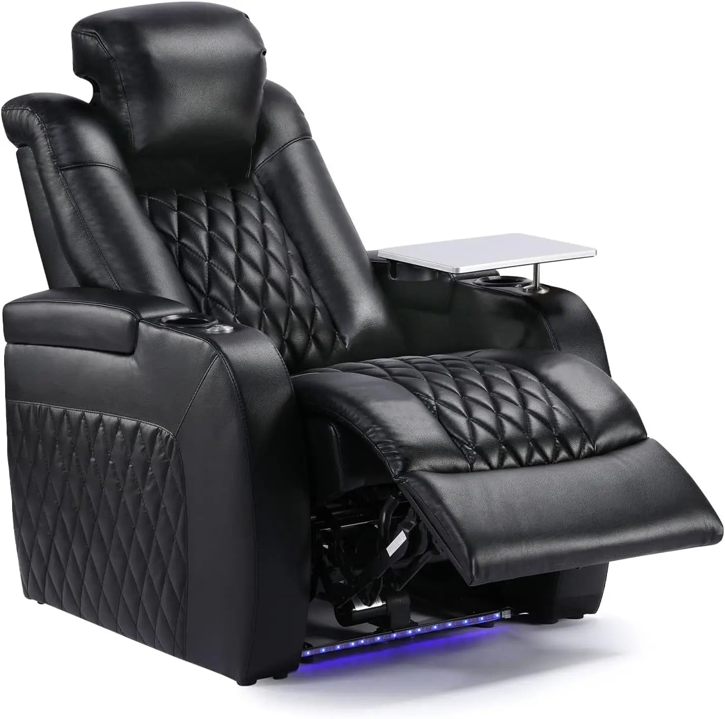 Home Theater Seating Top Grain Leather Recliner Chair,with Tray Table Type-C USB Charge Cup Holders Row of 1 Black