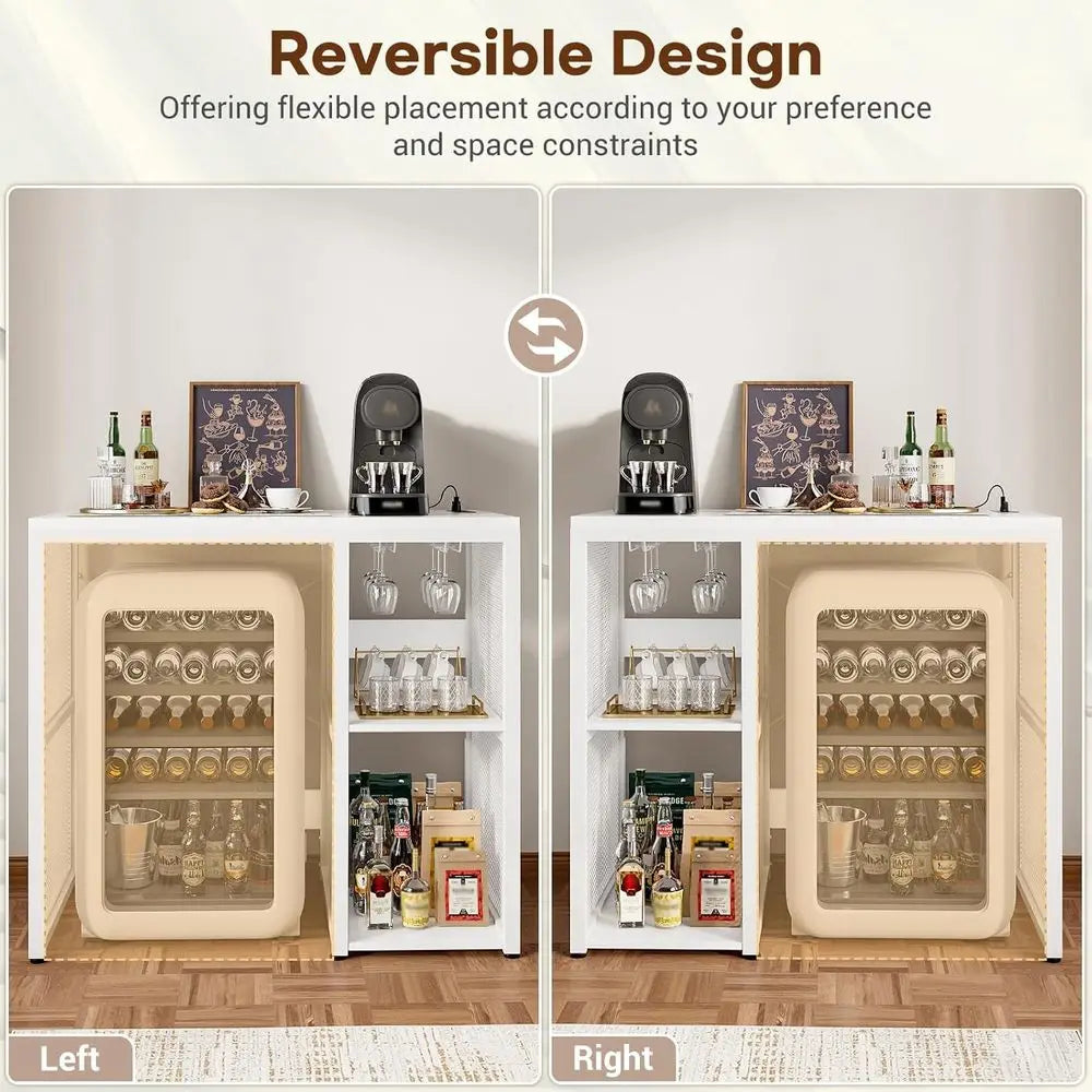 Mini ridge Stand with Power Outlet, Coee Bar Cabinet with Mini ridge Space, Industrial Liquor Cabinet with Wine Rack & Glass Hol