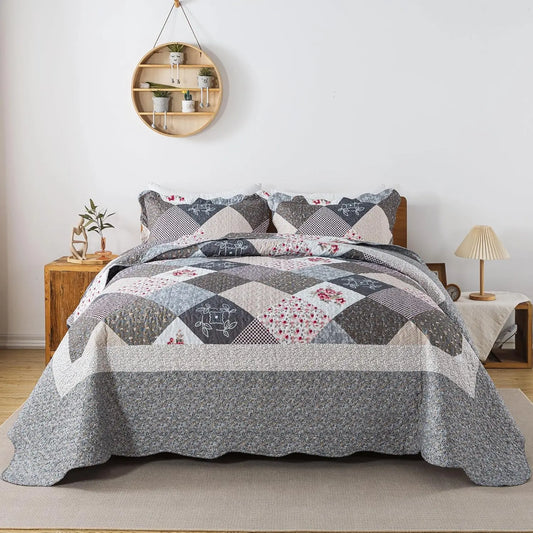 Oversized King Quilt Set 120x120-3 Pcs, All-Season Lightweight Bed Cover, Grey Reversible Design
