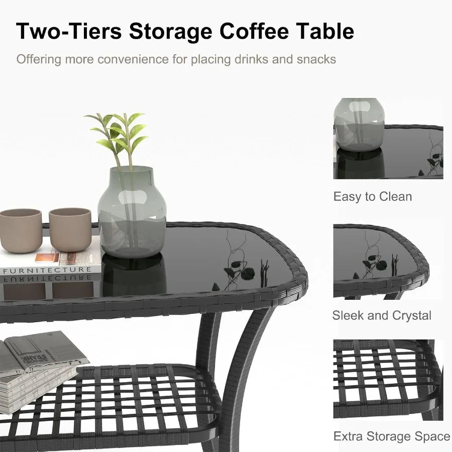 4 Pieces Outdoor Patio Furniture Set PE Rattan Chairs Wicker Furniture with Coffee Glass Table and Soft Cushions Outdoor Seatin