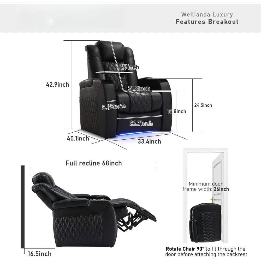 Home Theater Seating Top Grain Leather Recliner Chair,with Tray Table Type-C USB Charge Cup Holders Row of 1 Black