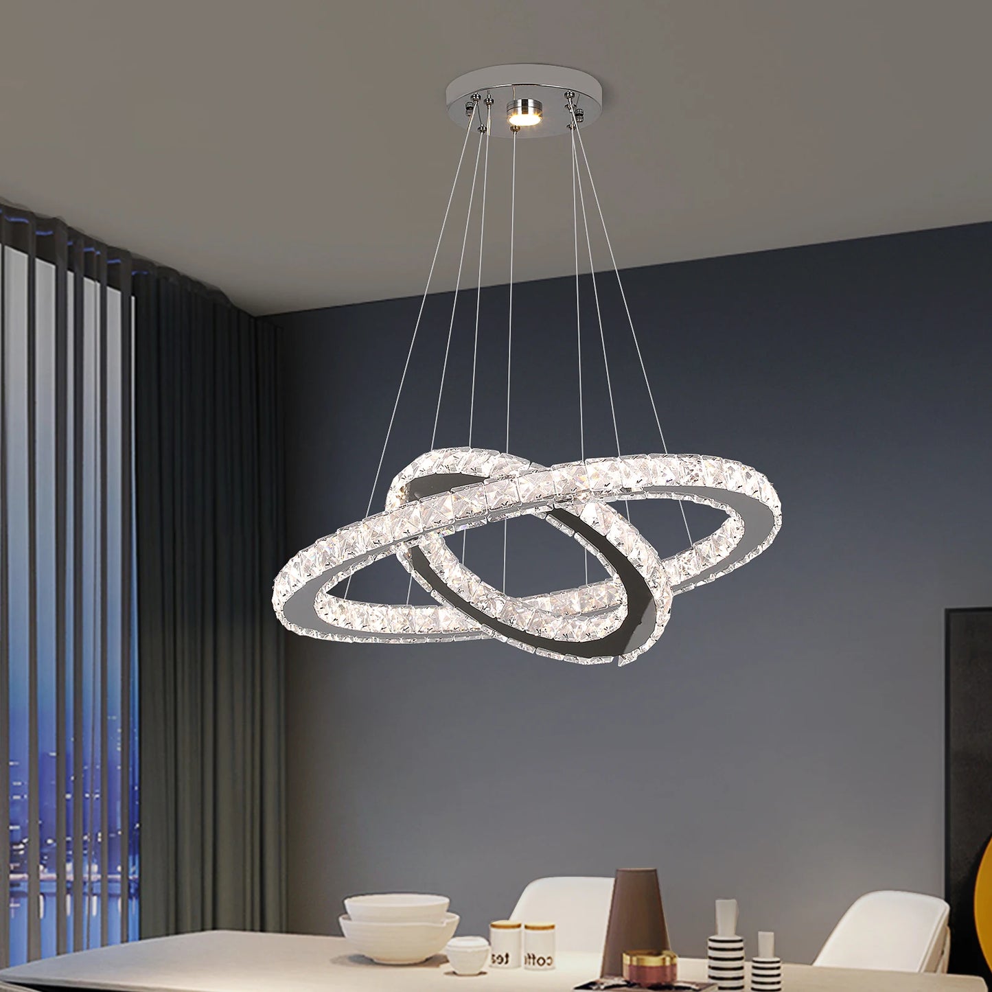 Modern Led  Pendant Light Luxury Crystal Rings Dimmable Chandelier Hanging Lustre Ceiling Lamp Living Dining Room Decor Fixture