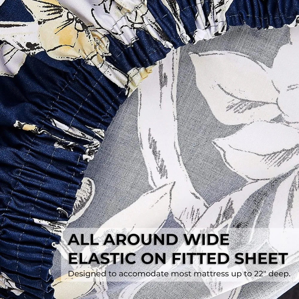 Tribeca Living Queen Bed Sheet Set, 300 Thread Count Soft Cotton Sateen, Floral Print with Extra Deep Pockets, 4-Piece Bedding S