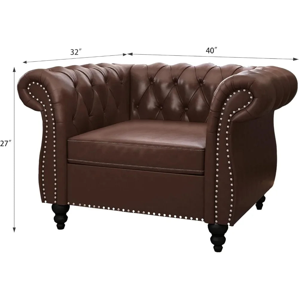 chesterfield style leather sofa and loveseat set with scroll arms and nailhead trim for living room or office