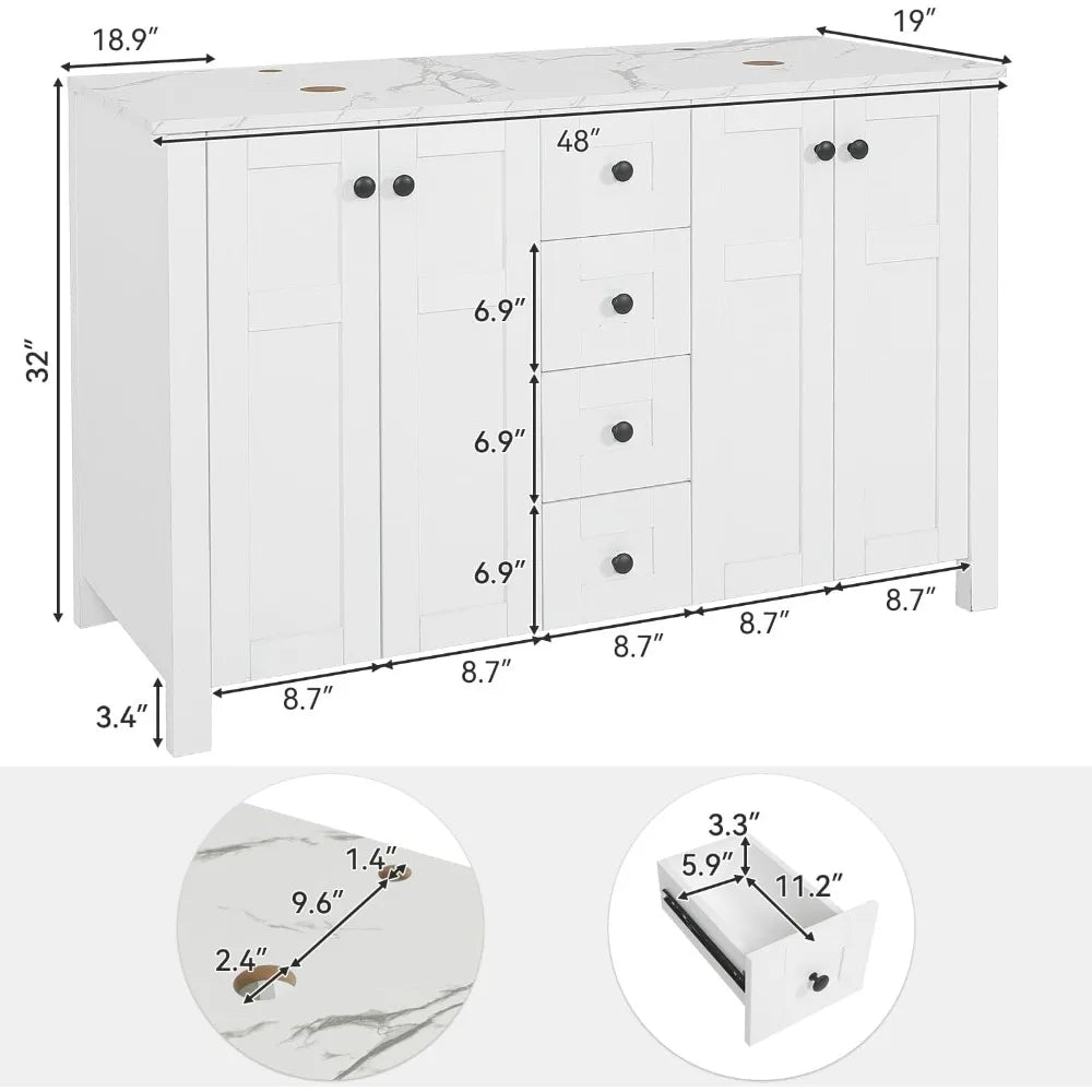 48" White Bathroom Vanity with Marble Texture Top and 4 Drawers, Modern Standing Pedestal Cabinet with Two Boat Silver Glass Ves