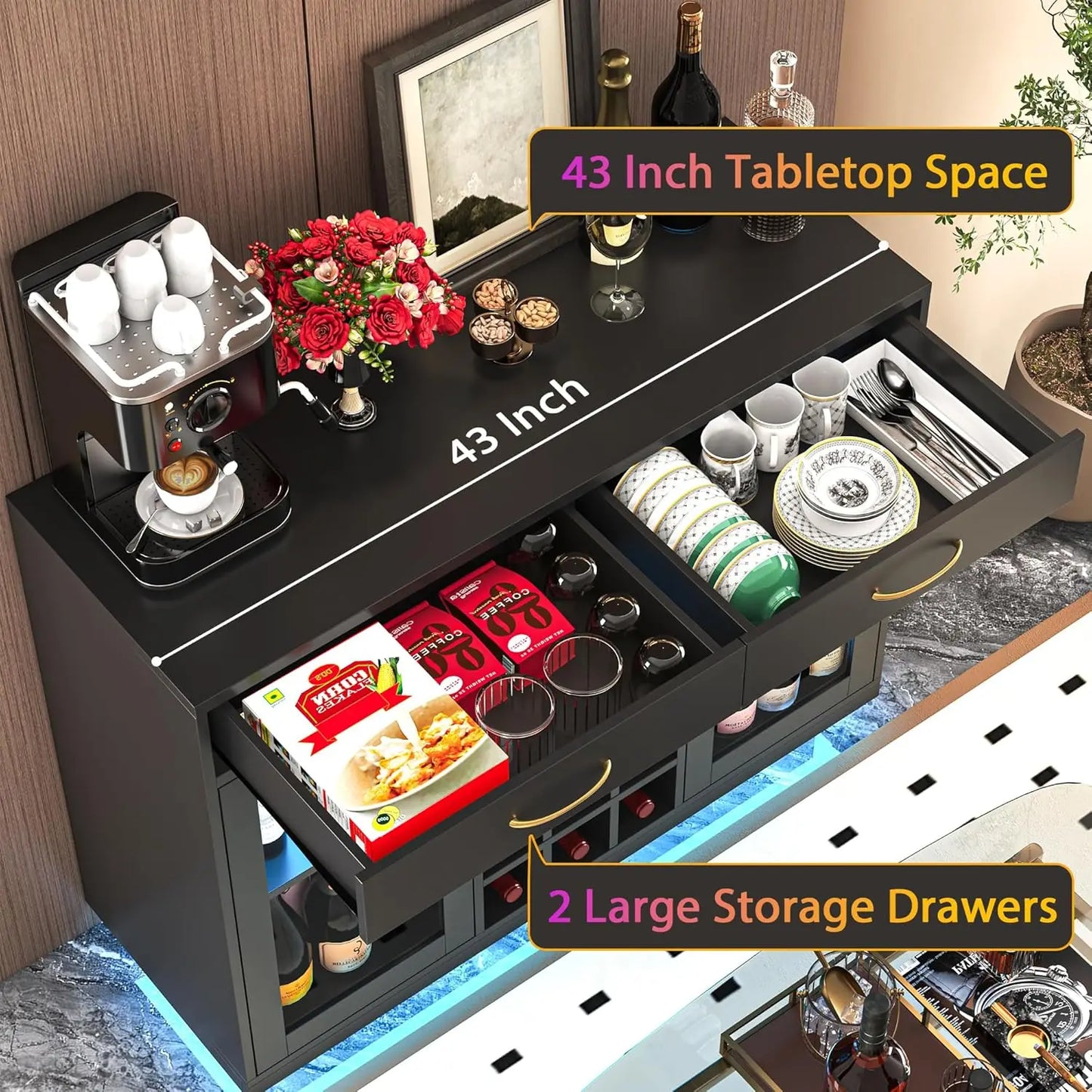 LED Wine Bar Cabinet with Glass Rack, Black Kitchen Buffet Sideboard for Living Room Storage