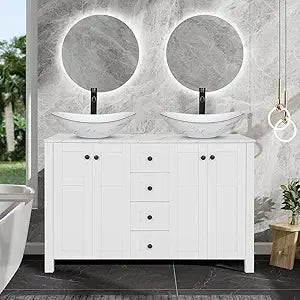 48" White Bathroom Vanity with Marble Texture Top and 4 Drawers, Modern Standing Pedestal Cabinet with Two Boat Silver Glass Ves