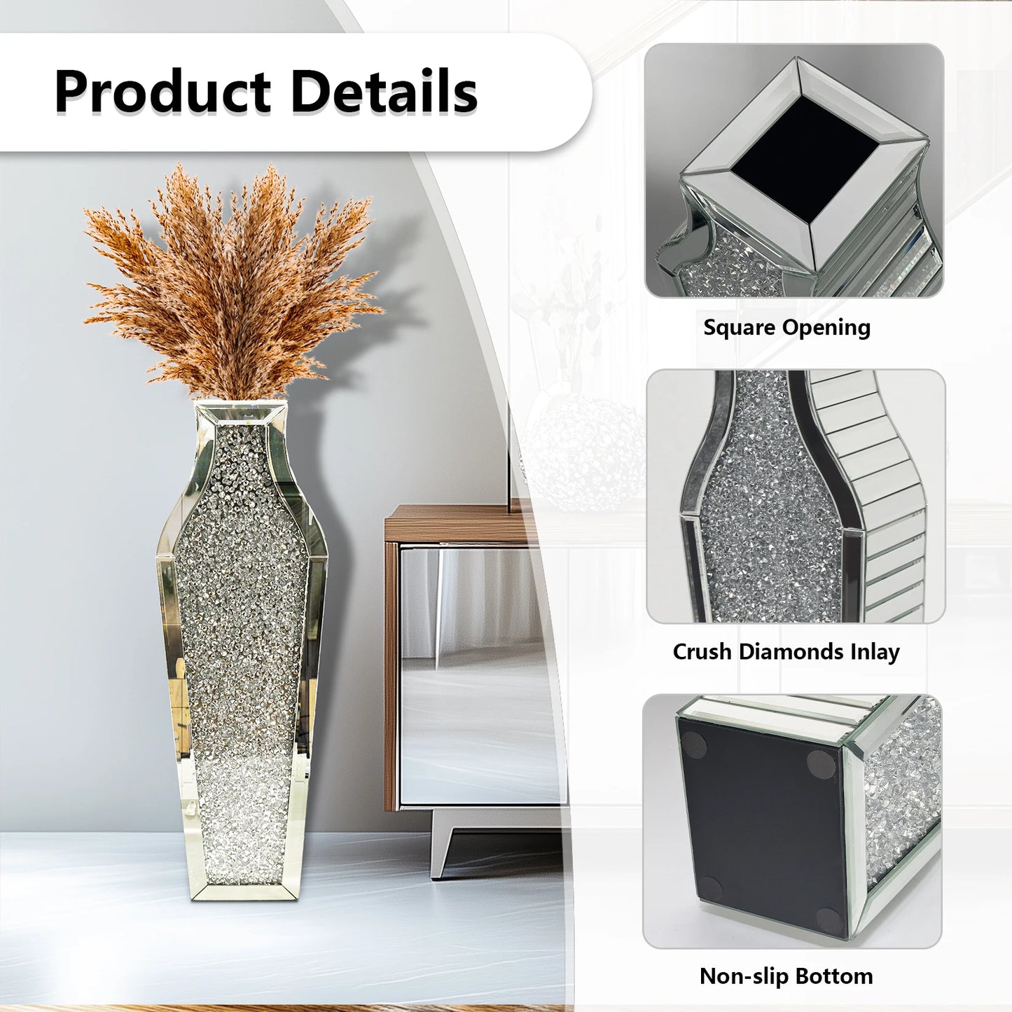 27" Tall Crushed Diamond Floor Vase, Silver Large Vases for Decor Living Room Crystal Mirrored Home Decor Vases for Dried Flower