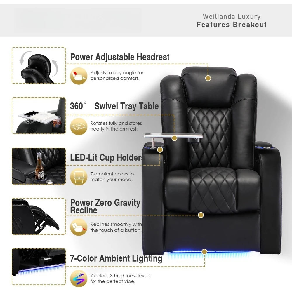 Home Theater Seating Top Grain Leather Recliner Chair,with Tray Table Type-C USB Charge Cup Holders Row of 1 Black