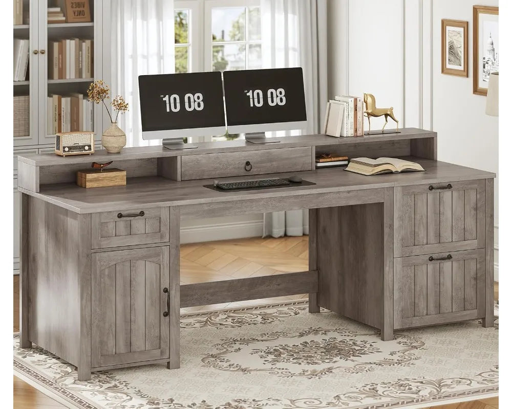 Grey 63" Farmhouse Wood Desk with Drawers, Storage Cabinet & Monitor Stand
