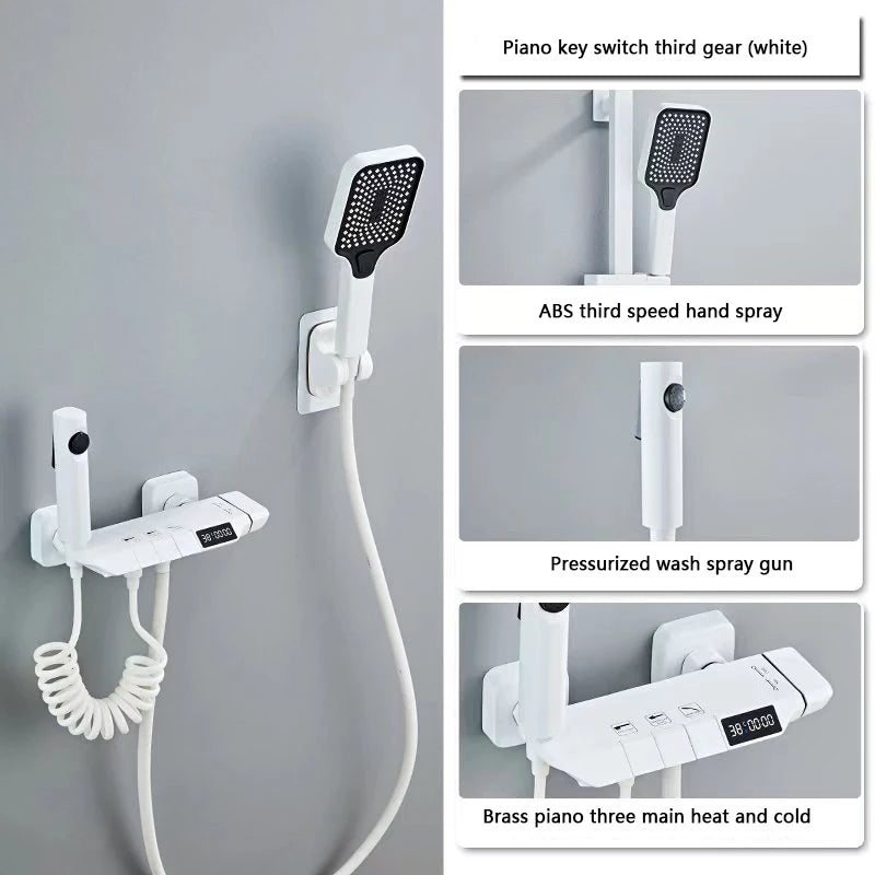 Modern Shower System Full Set Grey 2 Way Piano Keys Bathroom Shower Set Wall Mounted Brass Bathtub Digital Display Shower Faucet
