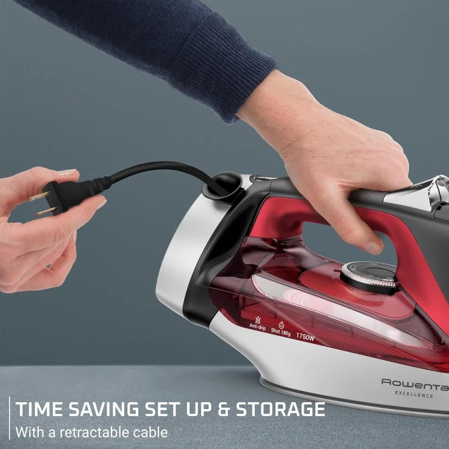 Iron Focus Excellence Stainless Steel Soleplate Steam Iron for Clothes Retractable Cord 400+ Microsteam Holes Powerful steam LE