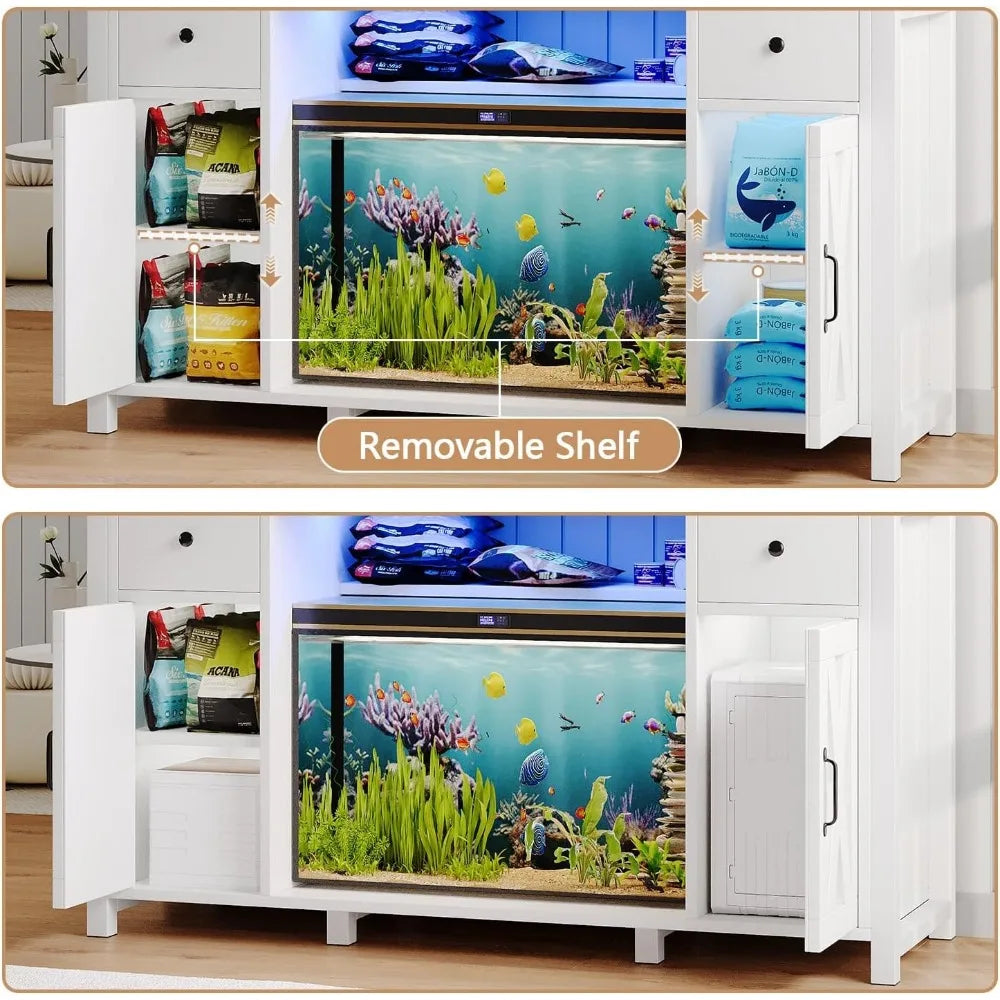 75 Gallon Fish Tank Stand with Power Outlets & LED Light, Farmhouse Fish Tank Stand with 2 Drawers and 2 Barn Door, 55-75 Gallo