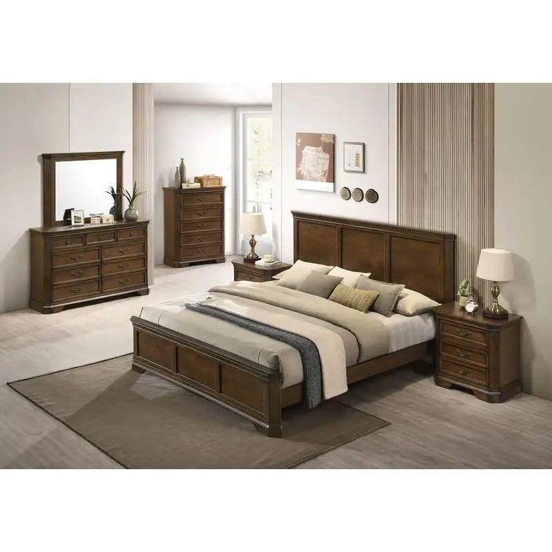 Traditional Wood Panel King Bed Set with Dresser, Mirror, 2 Nightstands & Chest - 6 Pieces