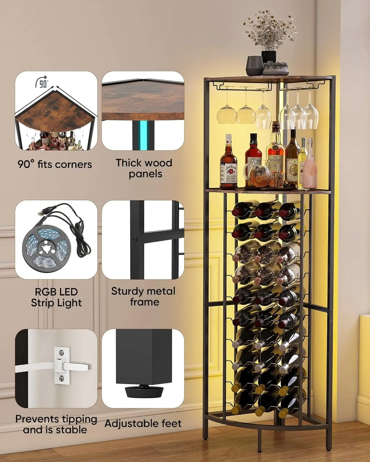 30-Bottle Corner Wine Cabinet with LED Lights, Glass Rack for Home Bar in Living Room Kitchen