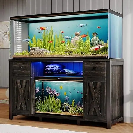 75 Gallon Fish Tank Stand with Power Outlets & LED Light, Farmhouse Fish Tank Stand with 2 Drawers and 2 Barn Door, 55-75 Gallo