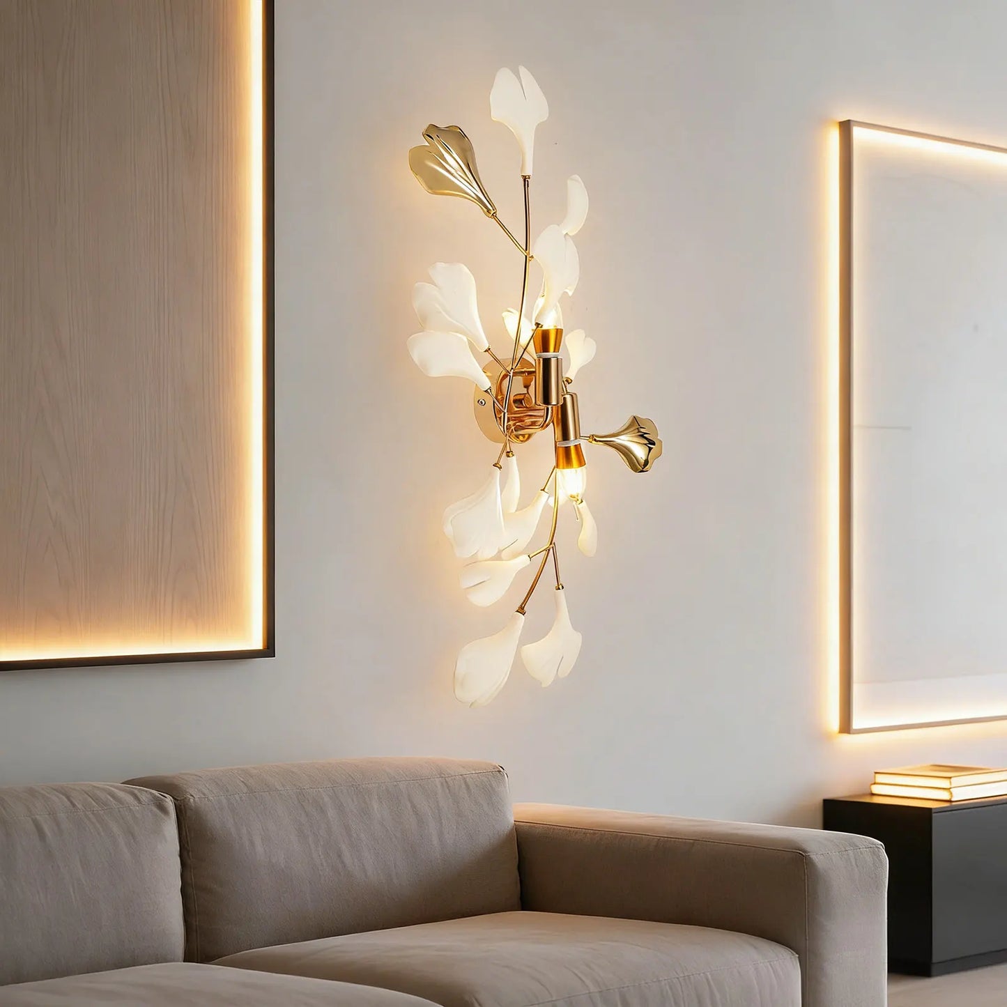 Ginkgo Leaf Wall Lamp 2-Light, Modern Gold Indoor Lighting Fixture E12 Base for Bedroom Living Room Hallway