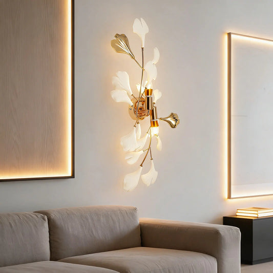 Ginkgo Leaf Wall Lamp 2-Light, Modern Gold Indoor Lighting Fixture E12 Base for Bedroom Living Room Hallway