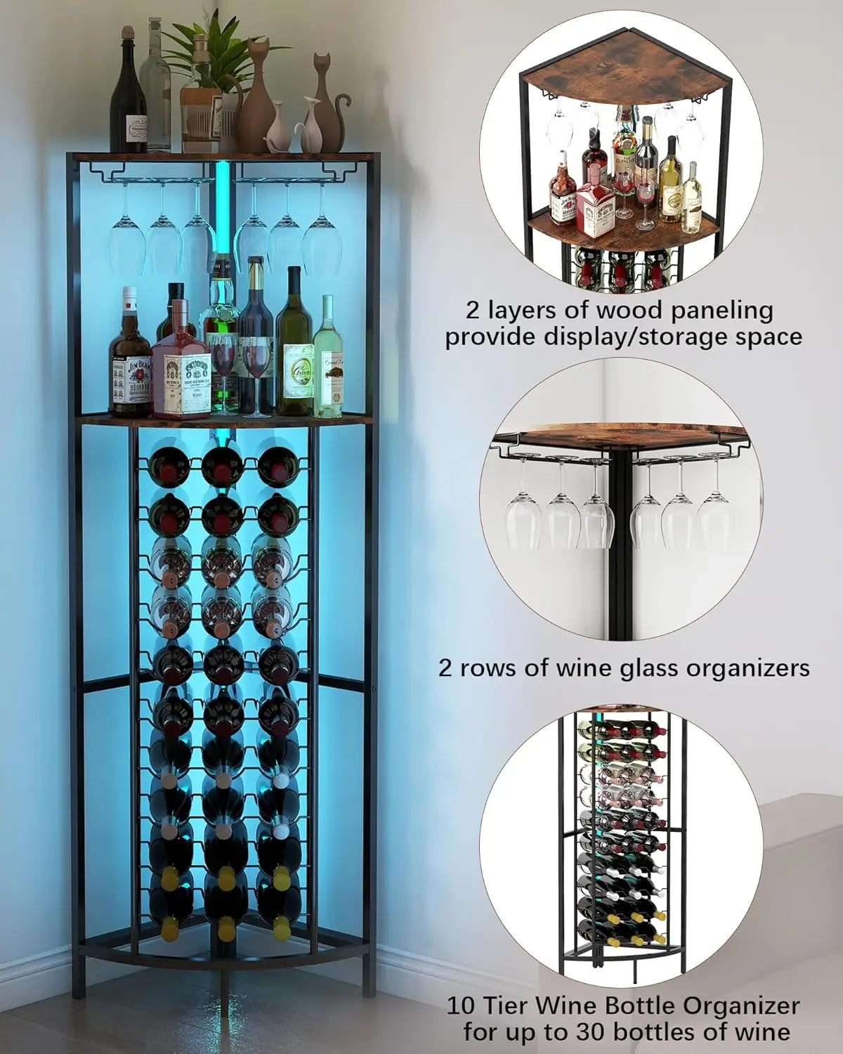 30-Bottle Corner Wine Cabinet with LED Lights, Glass Rack for Home Bar in Living Room Kitchen