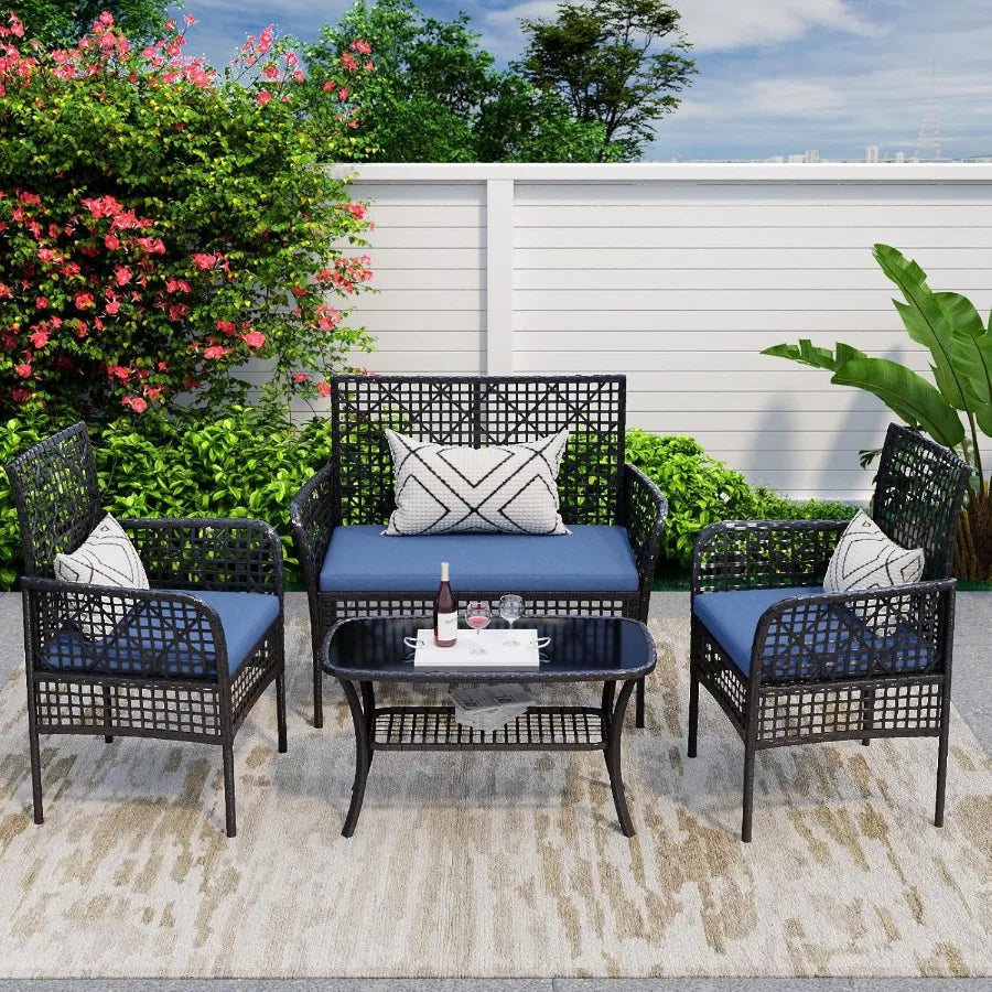 4 Pieces Outdoor Patio Furniture Set PE Rattan Chairs Wicker Furniture with Coffee Glass Table and Soft Cushions Outdoor Seatin