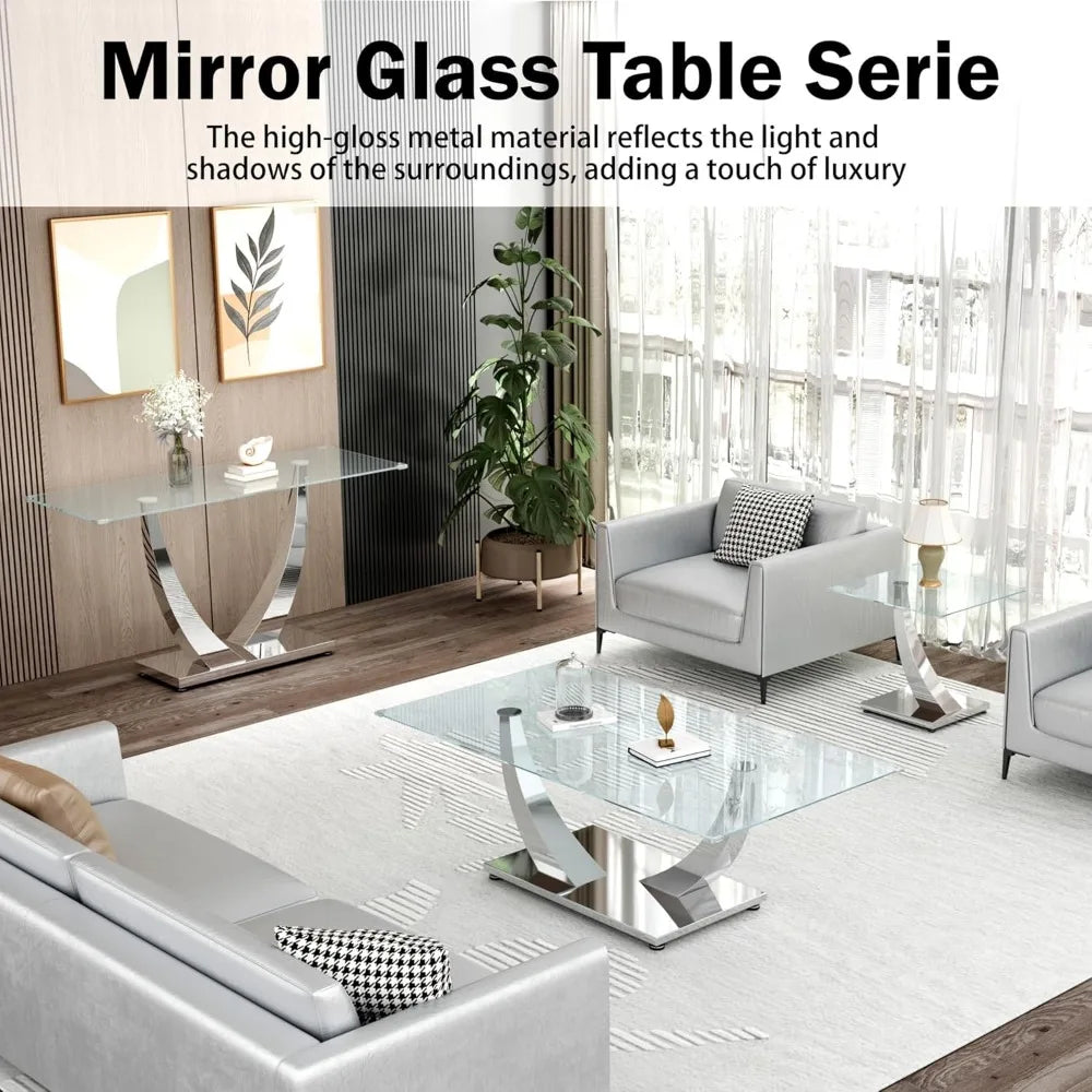 47" Clear Glass Coffee Table, Modern Silver Mirror Coffee Table with U-Shape Stainless Steel Legs, Tea Table, Luxury Rectangle C