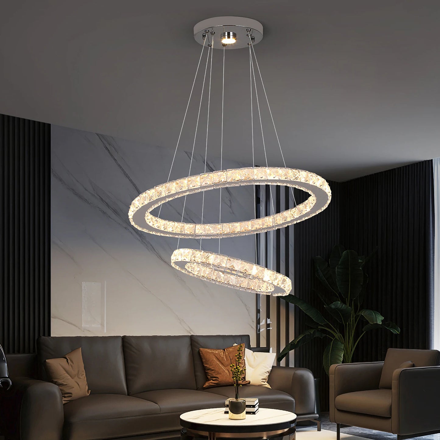 Modern Led  Pendant Light Luxury Crystal Rings Dimmable Chandelier Hanging Lustre Ceiling Lamp Living Dining Room Decor Fixture