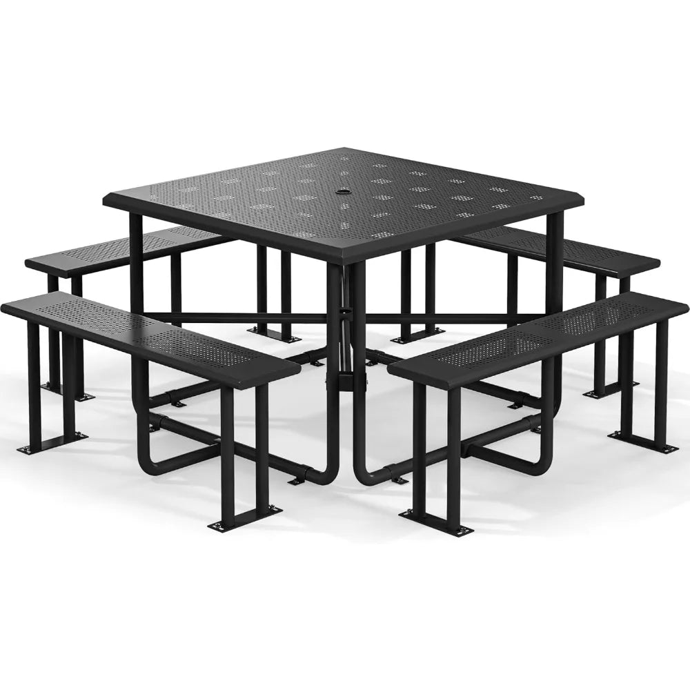 Heavy Duty Steel Picnic Table for 8, Coated Outdoor Picnic Table w/Sturdy Steel Frame & Umbrella Hole for Yard Patio Lawn Party