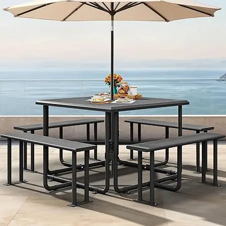 Heavy Duty Steel Picnic Table for 8, Coated Outdoor Picnic Table w/Sturdy Steel Frame & Umbrella Hole for Yard Patio Lawn Party