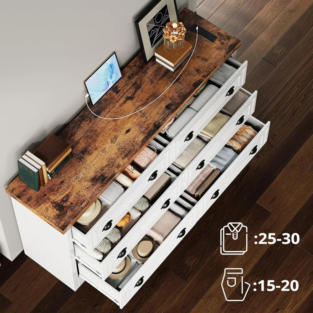 59 6 Drawers Dresser for Bedroom, Power Strip, Farmhouse Large Wood Dressers & Chest of Drawers with Wide Storage Cabine