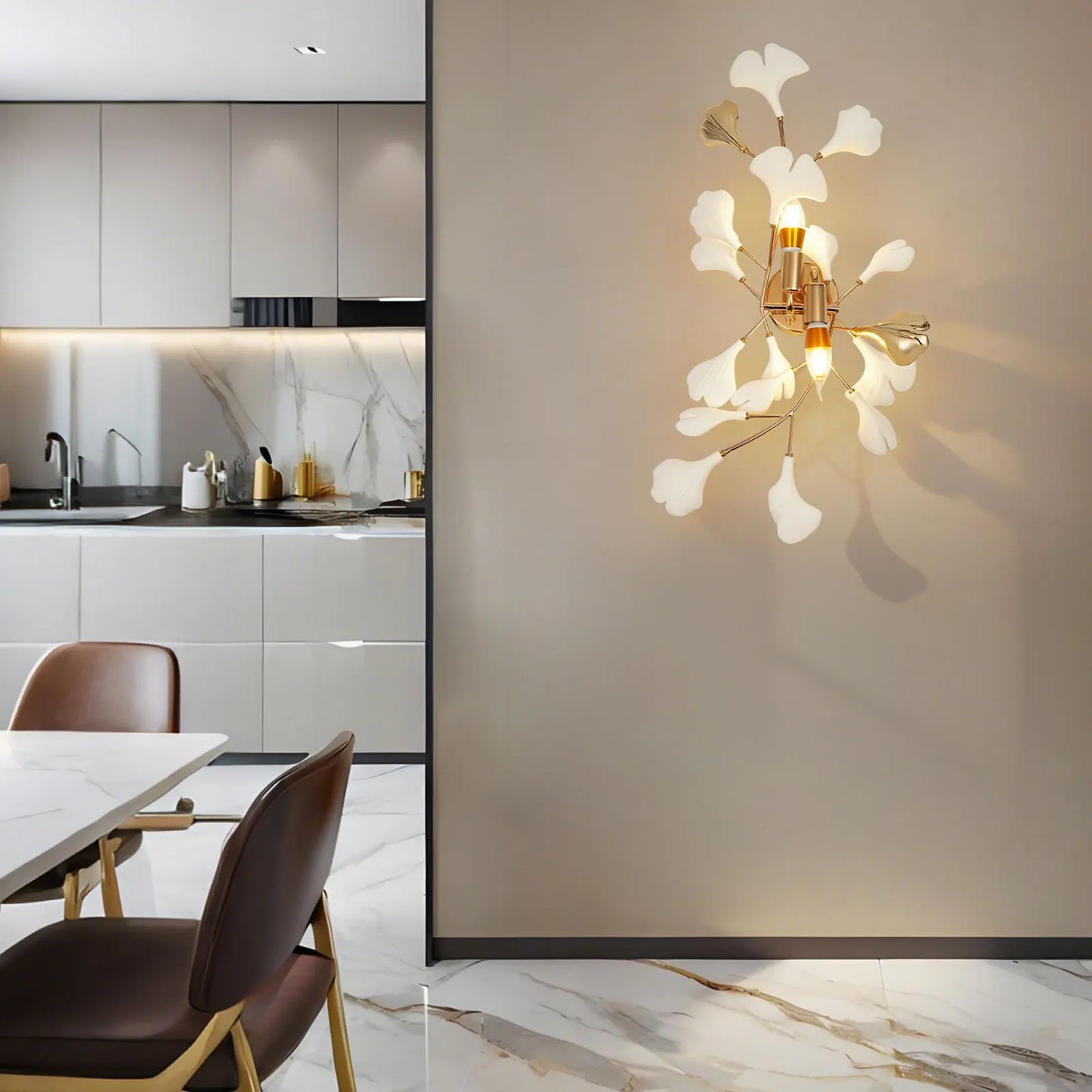 Ginkgo Leaf Wall Lamp 2-Light, Modern Gold Indoor Lighting Fixture E12 Base for Bedroom Living Room Hallway
