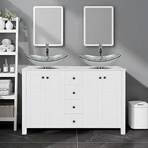 48" White Bathroom Vanity with Marble Texture Top and 4 Drawers, Modern Standing Pedestal Cabinet with Two Boat Silver Glass Ves