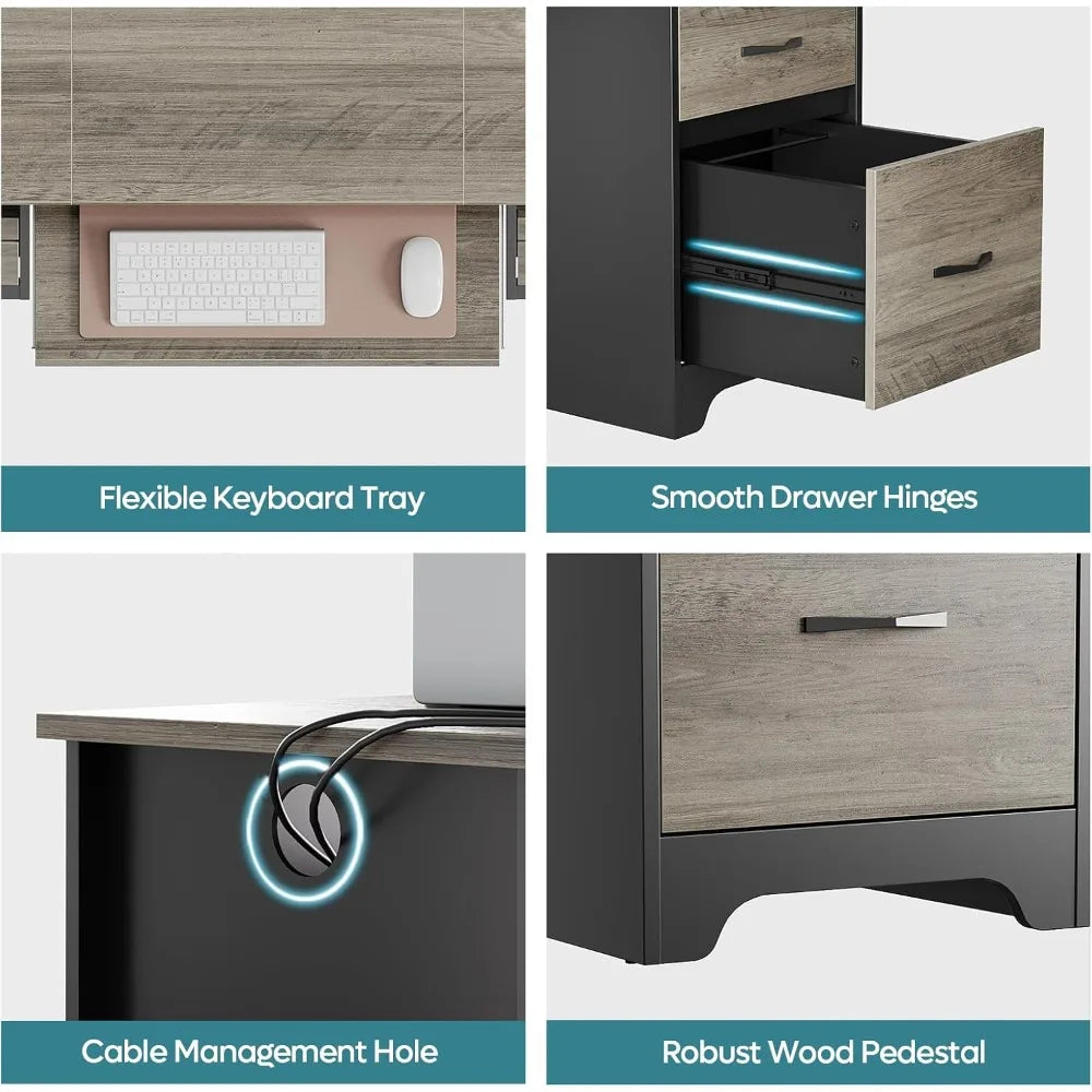 Computer Desk with 4 Drawers, Office Desk with Storage, Industrial Executive Desk with File Drawer, Keyboard Tray & 2 Pedestals
