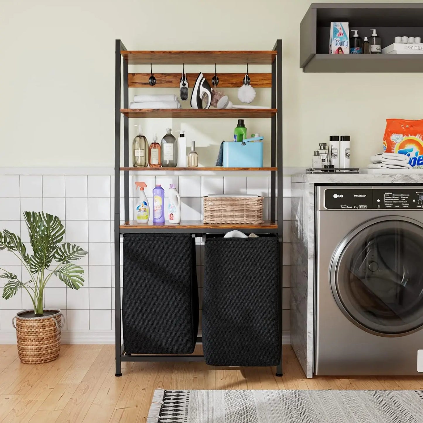 4-Tier Tall Laundry Hamper Sorter - 2 Removable Bags, Shelf & Hooks, Double Organizer for Bathroom & Bedroom