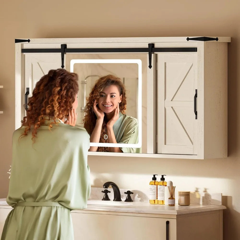 Medicine Cabinet Mirror, Bathroom Wall Cabinet W/lights And Sliding Barn Door, Lighted Medicine Cabinet Storage Cabinets