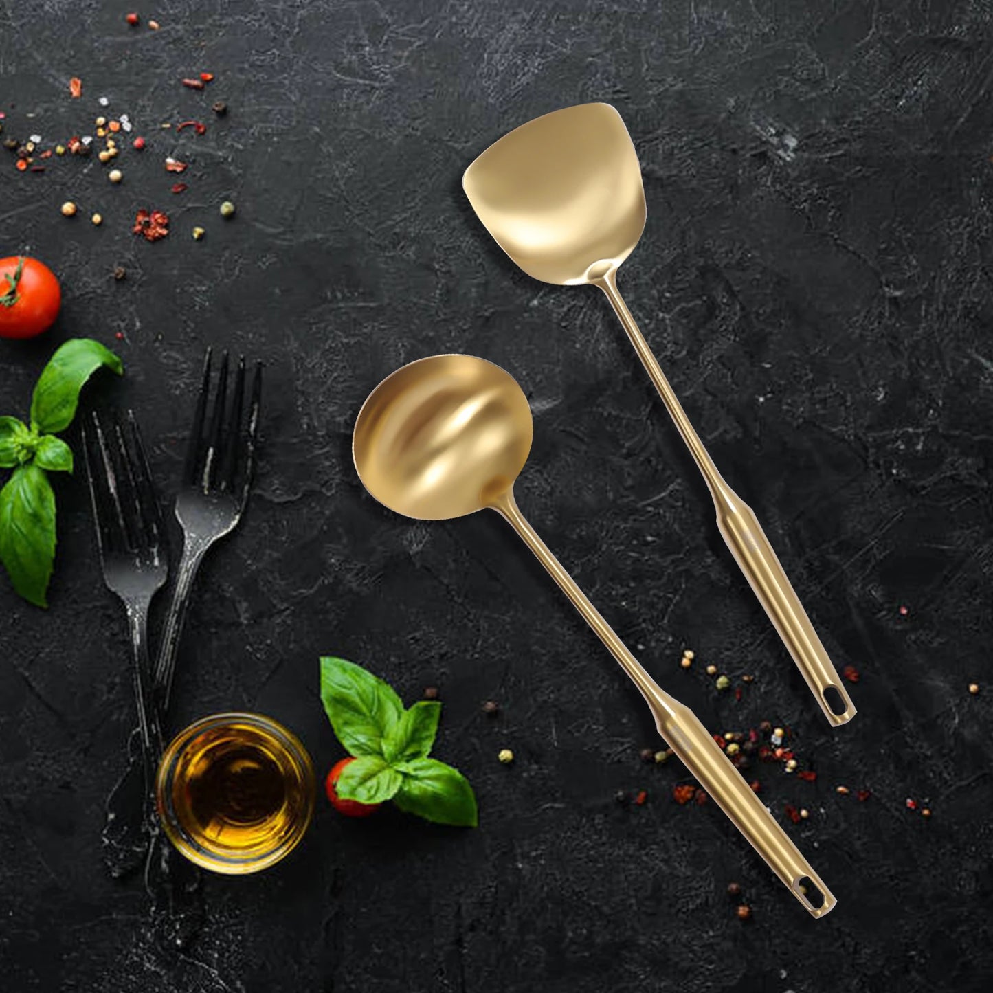 Kitchen Utensil Set Stainless Steel Gold, 14pcs Elegant Dinnerware Cooking Tools Gadgets | Ideal Housewarming Gift for Daily Use