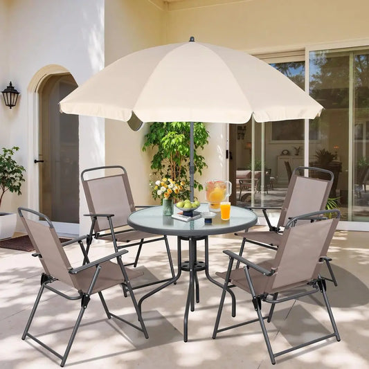 6 Pieces Folding Patio Dining Set, All Weather Small Metal Outdoor Table and Chair Set, Garden Patio Furniture Set w Umbrella,